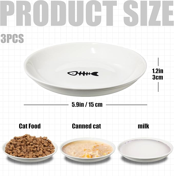 3-Pack Ceramic Cat Food Bowls, Wide Shallow Dish & Anti-Whisker Fatigue, Nonslip Silicone Base for Indoor Cats & Kittens, for Wet/Dry Food & Water