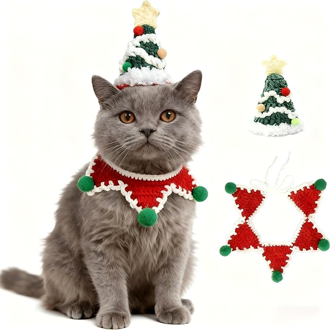 Christmas Cat Costume,Handmade Dog Outfit with Christmas Tree Cat Hat,Knitted Dog Costume,Adjustable Fit Five-Pointed Star Clothes, for Dogs,Rabbits