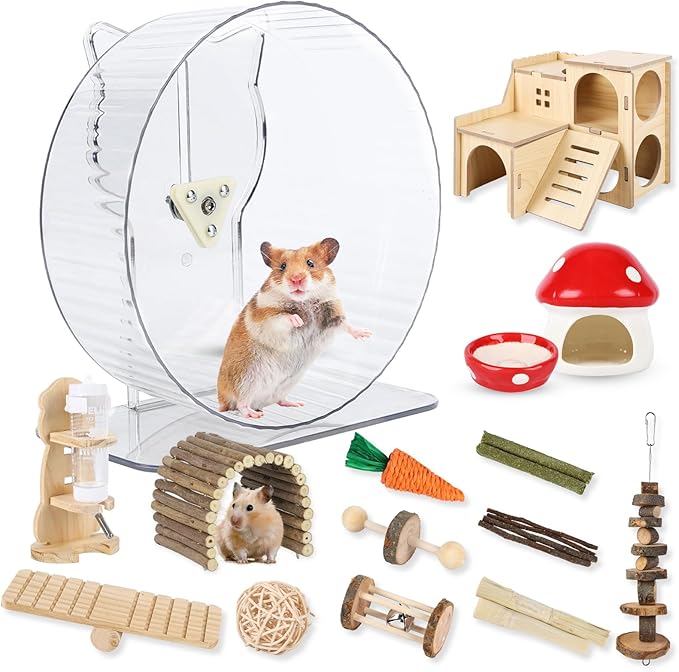 21 Pcs Hamster Cage Accessories Set, 9.5'' Silent Hamster Wheel, Ceramic Hideout & Food Bowl, 15 Chew Toys, Maze Wood House & Water Bottle Set, Hamster Starter Kit