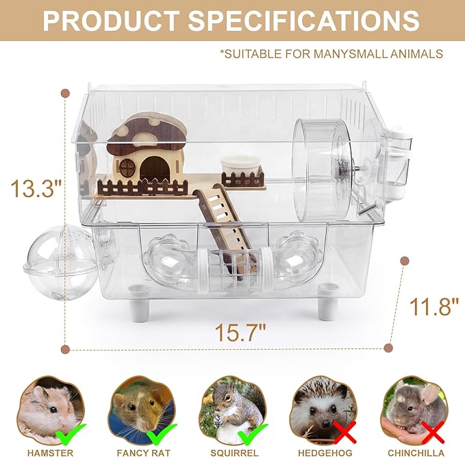Loungewave Acrylic Hamster Cage, 8 in 1 Gerbil Cage with Accessories, Dwarf Hamster Cage with Full Transparent Viewing, Clear View Inside Easy to Clean, Excellent Ventilation, Mushroom House Style