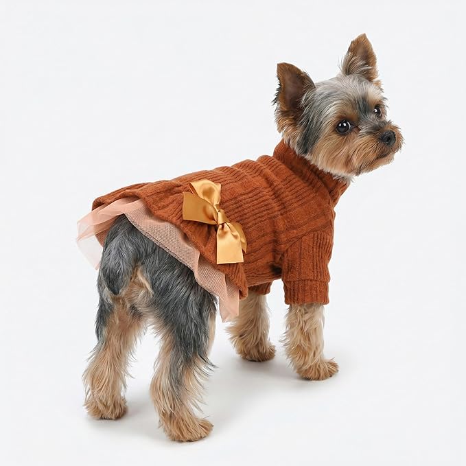 Fitwarm Knitted Dog Tulle Sweater Dress, Dog Winter Clothes for Small Dogs Girl, Cat Apparel, Orange, Medium
