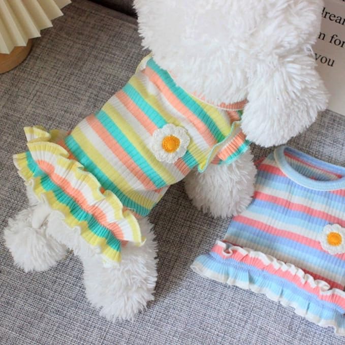 Dog Rainbow Stripe Dress Summer Cat Outfits Soft Breathable Cotton Outfits Clothes for Small Medium X-L XX-L Girls Puppy Lightweight Pet Dresses