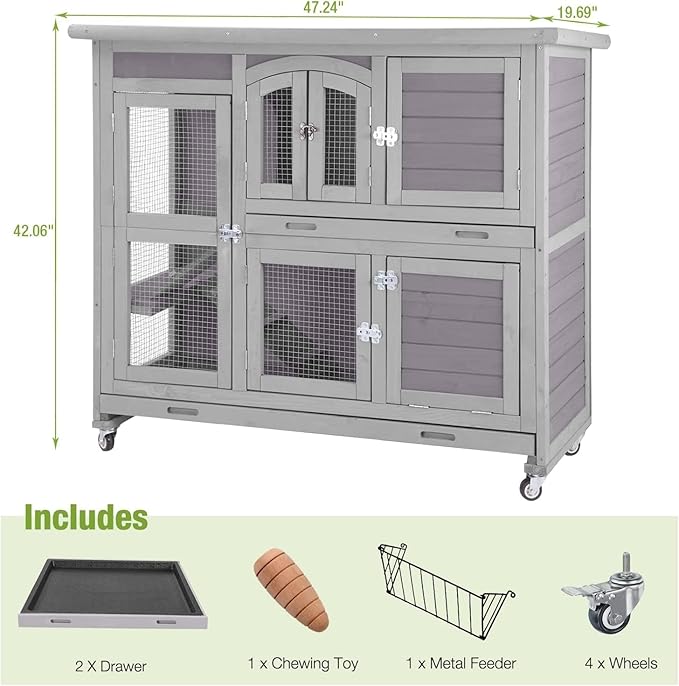 GUTINNEEN Guinea Pig Cage 2-Tier Indoor Outdoor Rabbit Hutch with Wheels, Leakproof Tray, Easy Clean Small Animal Habitat for Bunny, Hamster, Hedgehog, Ferret, Home & Garden Use
