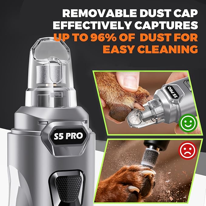Whisper Quiet Dog Nail Grinder with LED Light, Safe & Stress-Free for Sensitive Dogs of All Breeds & Sizes, 3 Grinding Bits, 3-Speed, Pet Nail Trimmers, Rechargeable Painless Grooming Kit Grey