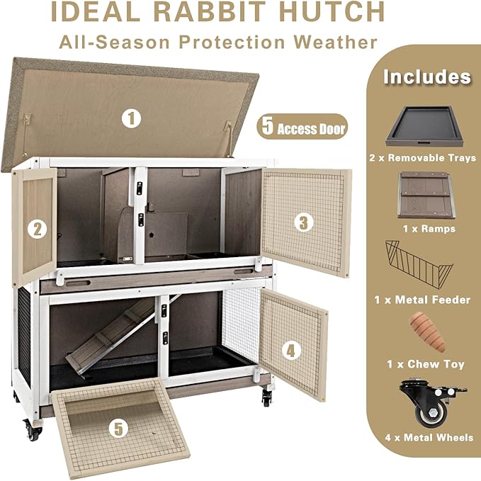 Ketive 36" L Rabbit Hutch Indoor with 4 Metal Wheels, 2-Story Wooden Bunny Hutch Outdoor Bunny Cage, 2 Deeper Pull-Out Trays, Ramp, Rabbit Cage Guinea Pig Pet House for Small Animals