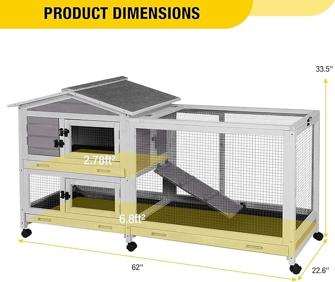 Aivituvin Rabbit Hutch Indoor 2 Story Bunny Cage Outdoor Guinea Pig Cage with Caster Wheels Chicken Coop with Run, 3 Pull Out Tray Grey
