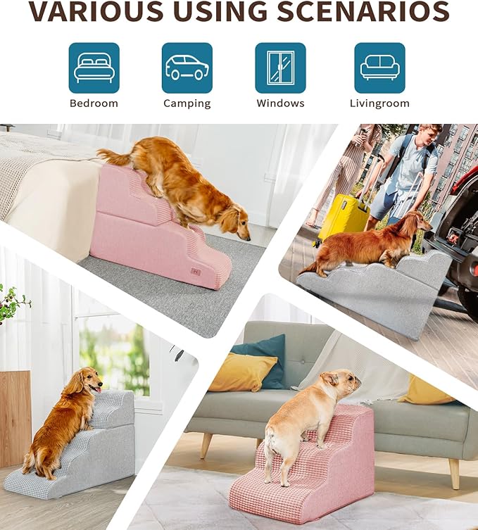 ABCPET Dog Step for Bed, Dog Stair 3-Step 35D Pet Stair 15.7" H for High Bed or Sofa Non-Slip Balanced Pet Step Indoor, Pink