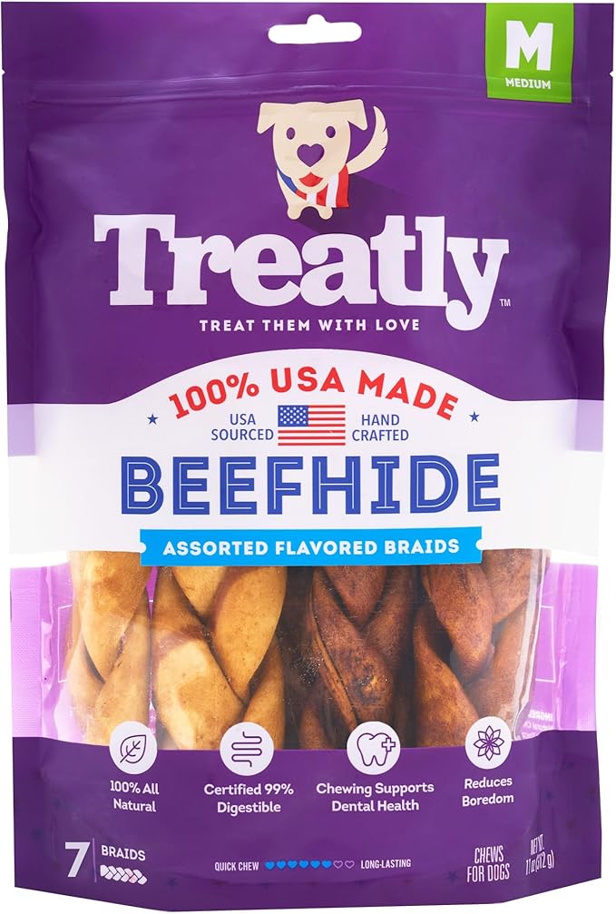USA Beefhide Braids 7-8" Dog Chew Treats - Chicken & Beef Flavor, 7 Count/1 Pack