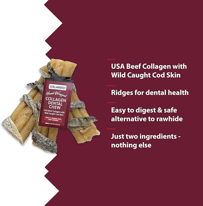 Icelandic+ Beef Collagen Dental Chew Stick Wrapped with Fish 4" Dog Treat (Pack of 2)