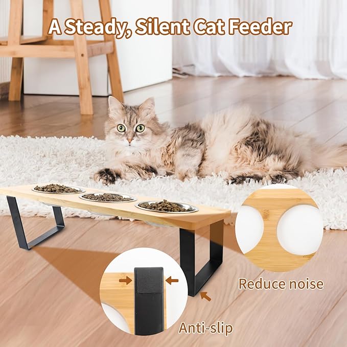 Elevated Cat Bowls, Raised Cat Food Bowls, 15°Tilted Stainless Steel Cat Bowls for Indoor Cats, Anti Vomit, Bamboo, Stand with 3 Feeder Bowls for Cats and Puppy
