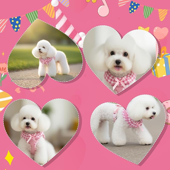 EXPAWLORER Cute Dog Harness Collar Leash Set - Pink Girl Dog Harness Checkered Step-in Design, Detachable Bow Pet Collar, Adjustable No-Choke Lightweight Mesh Vest for Small Medium Dogs, M