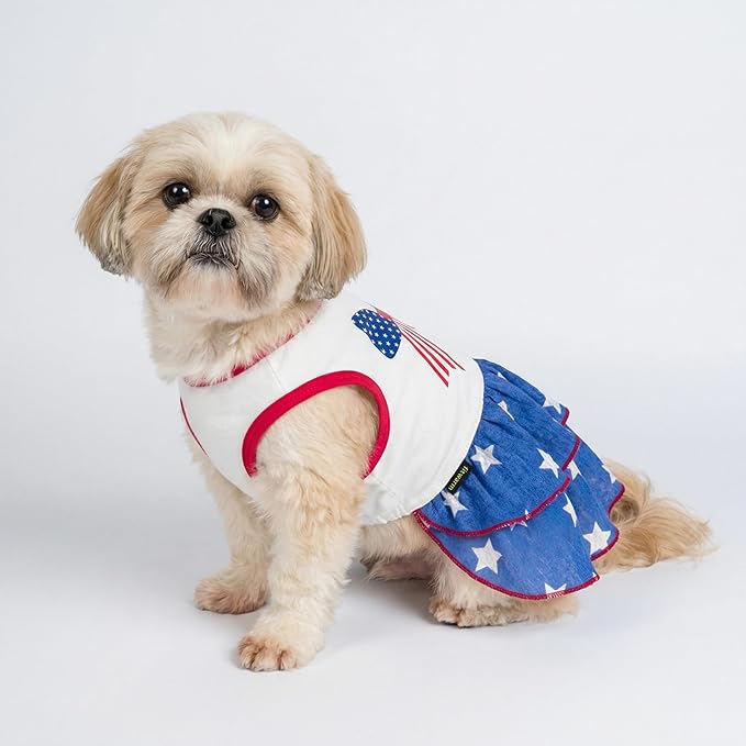 Fitwarm Patriotic Bowknot Tiered Ruffle Dog Dress, 4th of July Clothes for Small Dogs Girl, Pet Outfit, Royal Blue, Red, White, Medium