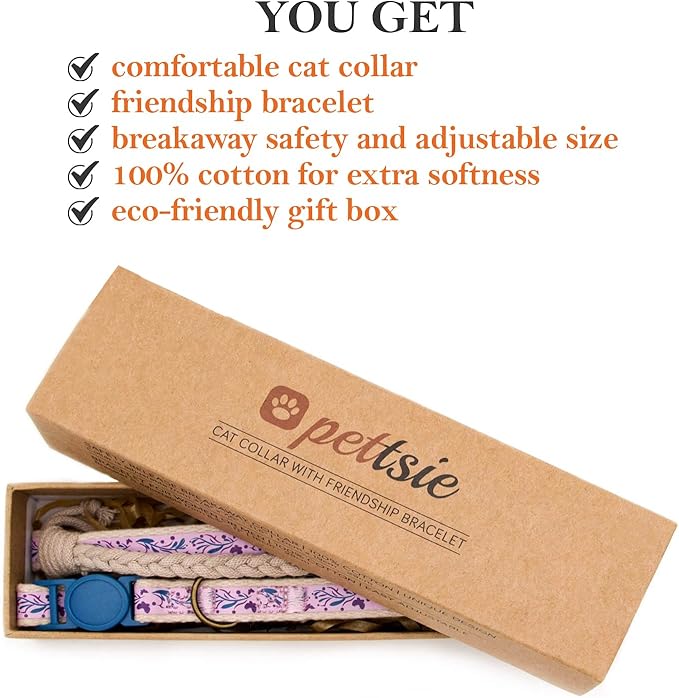Pettsie Kitten Collar Breakaway with Matching Bracelet – Soft Cotton, Quick-Release Safety Buckle, Adjustable 5"-8", Stylish Gift Box, Purple