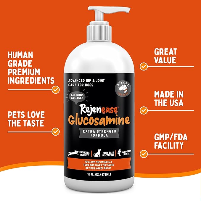Liquid Glucosamine for Dogs with Chondroitin, MSM & Hyaluronic Acid (16oz). Hip & Joint Supplement Supports Better Mobility & Promotes New Cartilage. Eases Joint Stiffness. Rejenease, Made in USA