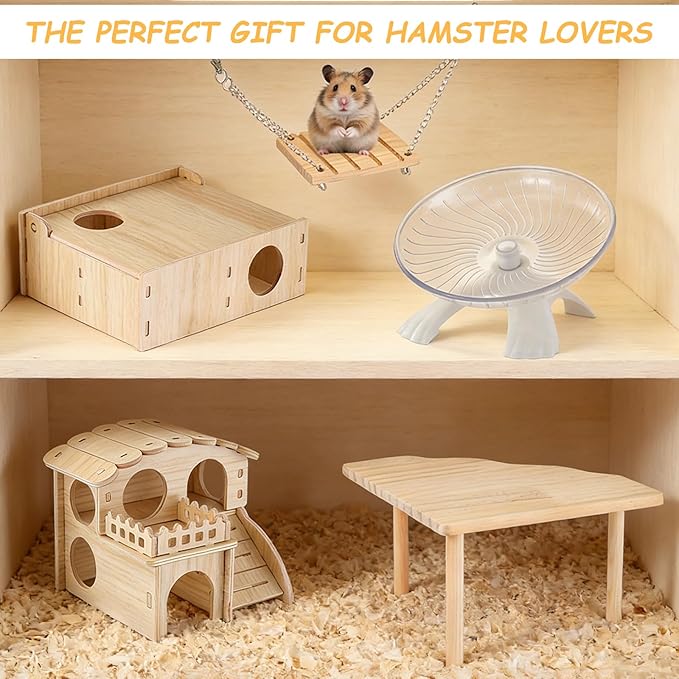 Hamster Toys Complete Set - Noiseless Silent Exercise Wheel, Maze Wood House, Stand, Chew Toys & Water Bottle Cage Accessories for Hamster, Rat, Mice Small Animal Habitat