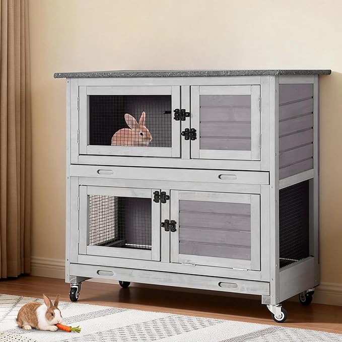 2-Story Rabbit Hutch Indoor Outdoor with Wheels, Bunny Cage with Slip-Proof Ramp, Guinea Pigs Cage with Waterproof Roof & Easy-Clean Tray, Multi-Access Doors, 36"