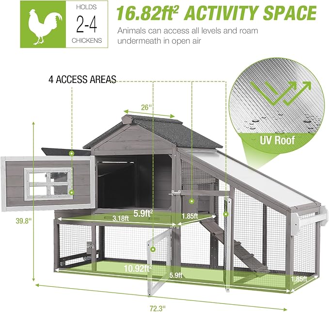 GUTINNEEN Chicken Coop with Wheels, Expandable Hen House Poultry Cage with Run, UV-Protected Roof, Divided Nesting Boxes, Easy One-Person Move, Ideal for 2 Adult Chickens or 4 Bantams, 72.3" L, Brown