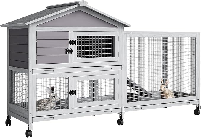 GarveeLife Rabbit Hutch with Weatherproof Asphalt Roof, Bunny Hutch with Wheels & Pull-Out Tray, Rabbit Cage Guinea Pig Cages for Small to Medium Animals, Indoor Outdoor Use, Grey