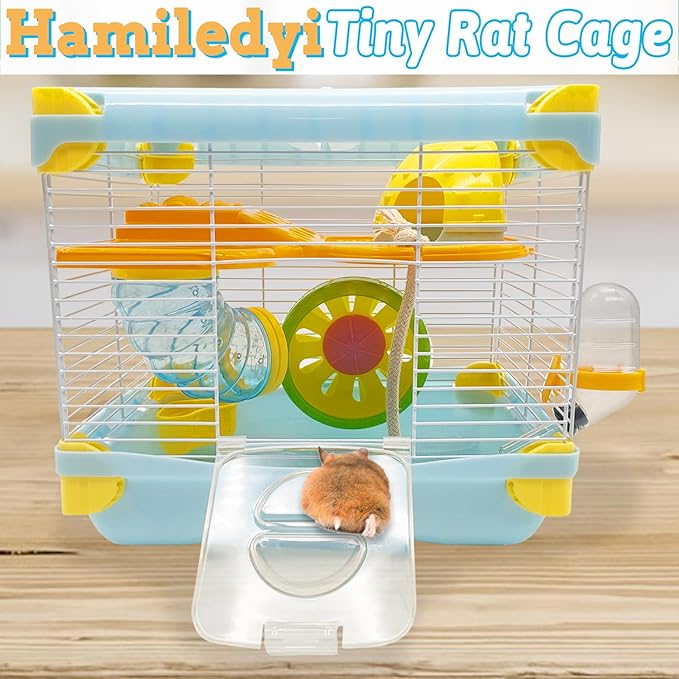 Hamiledyi Portable Hamster Cage 2 Layers Dwarf Hamster Habitat Small Animal Travel Cage with Exercise Wheel Hamster Enclosure Mouse Cage for Hamsters Mice Gerbils or Other Tiny Pets