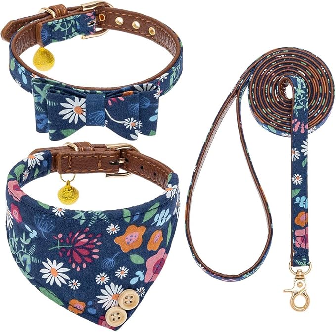 EXPAWLORER Classic Plaid Dog Bow Tie and Bandana Collar with Bell and Tangle Free Leash, Adjustable for Small Dogs, Cats, Puppies, Flower XS