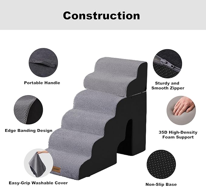 ZOMISIA Dog Ramp for High Beds - 29" H 6 Steps Pet Stairs for Large Dogs with Tunnel 2 in 1 with Zippers Suitable, Indoor Cat Ladders with Non-Slip Bottom, Black