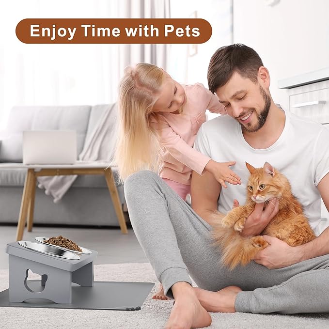Elevated Cat Bowls with Silicone Mat, 15° Tilted Solid Wood Stand, Raised Stainless Steel Food & Water Dishes for Cats and Small Dogs, Anti-Vomiting Design(Slate Grey)