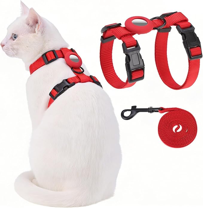 Cat Harness and Leash Set with Airtag Holder for Walking & Travelling, Escape Proof Cat Harness for Small Medium Large Kitten, Adjustable Lightweight Soft Cat Vests(Red)