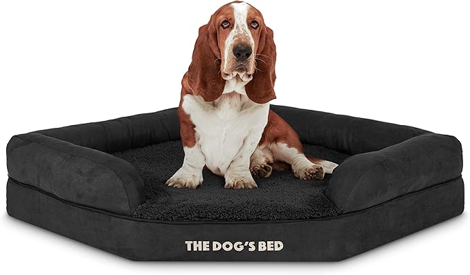 The Dog’s Bed Orthopedic Memory Foam Corner Dog Bed, Calming Surface – CertiPUR-Certified Foam, Plush Fabric, Black Plush, Large