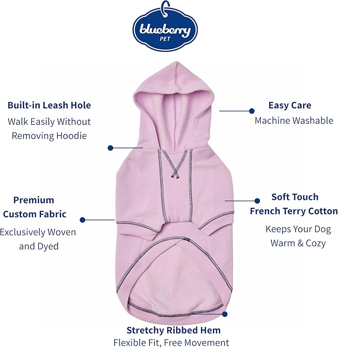 Blueberry Pet Essentials Dog Hoodie – 18 inch, Cotton‑Blend Sweatshirt with Hood, Pink Lilac, Machine‑Washable Small‑Dog Jersey