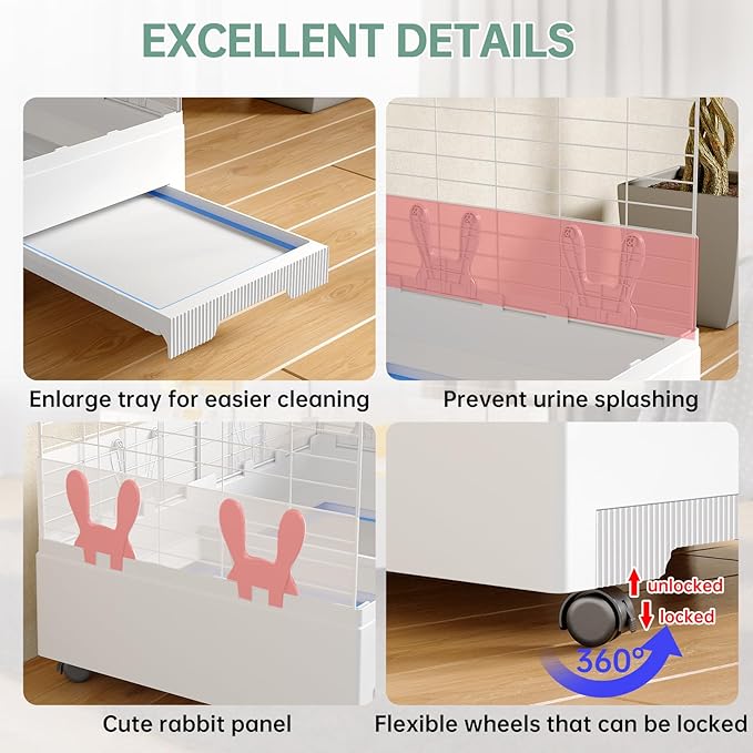 Oneluck Deluxe Rolling Bunny Hutch with Urine Guard,Small Rabbit Cage with Pull Out Tray,Clear Panel for Recording,Easy to Clean