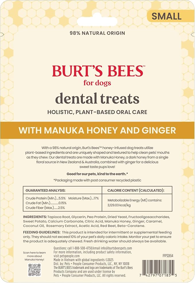BURT'S BEES FOR PETS Dental Treats for Dogs with Manuka Honey & Ginger, Holistic, Plant-Based Oral Care, 98% Natural Origin Formulas, Sweet Potato Flavor, Dog Treats Small Dogs, Sz Sm 10ct, 7 oz