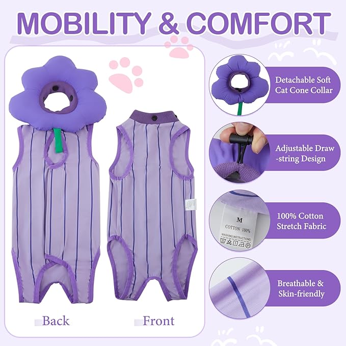 EMUST Cat Surgery Recovery Suit for Female Cats, Adjustable Soft E-Collar Alternative Onesie, Breathable Anti-Licking Post-Op Pet Pajamas for Spay & Abdominal Protection(Grapes,M)