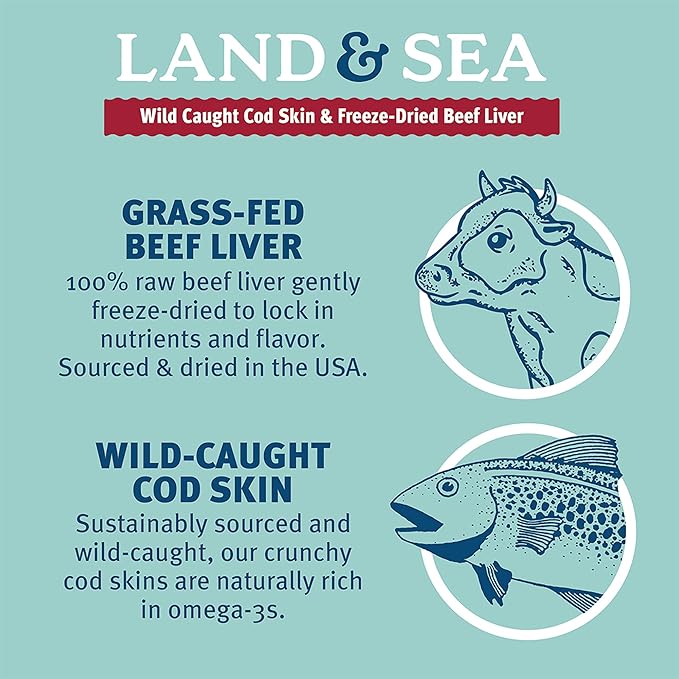 Icelandic+ Land & Sea Wild Caught Cod Skin & Freeze-Dried Beef Liver - 6.75oz Bag, Dog Treat & Food Topper, 2 Ingredients, No Preservatives, Natural