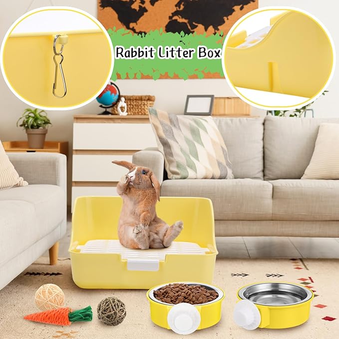 Reallnaive 15 Pcs Rabbit Starter Kit Small Rabbit Litter Box Girls Gift Animal Grooming Kit Bunny Toys Bowl Blankets with Cleaning Set for Guinea Pig Accessories(Blue)