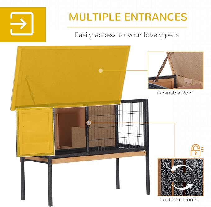 PawHut Rabbit Hutch Elevated Bunny Cage Small Animal Habitat with Metal Frame, No Leak Tray, Metal Wire Pan, Openable Water-Resistant Asphalt Roof for Rabbits, Chickens, Ducks, Indoor/Outdoor Natural