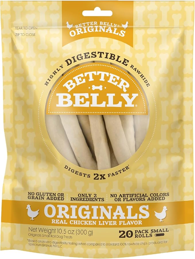 Better Belly Chicken Liver Small Rawhide Rolls, 320-Count (1 CASE OF 16 PACKS OF 20 INDIVIDUAL ROLLS)
