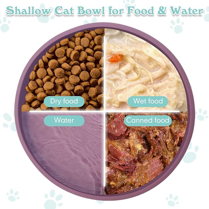 Silicone Cat Food Bowls Shallow Cat Dishes 5.9in Wide Pet Plates Set of 2 Small Flat Dog Saucer Bowl Cute Whisker Fatigue Kitten Feeding Dish for Dry & Wet Food (Round Purple)