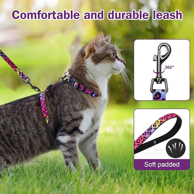 Hikiko Cat Harness and Leash Set Escape Proof Adjustable Walking Travel Soft Kitten Harness for Small Medium Large Cats (Gradient Leopard, M)