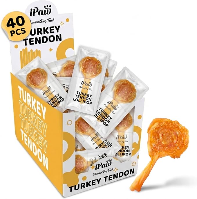 iPaw Turkey Tendons for Dogs 40 Pcs Bulk Pack, 100% Turkey and US Sourced Raw Material, Hypoallergenic, All Natural Human Grade Puppy Chew, Rawhide Alternative Dog Treats, Lollipop (Small)