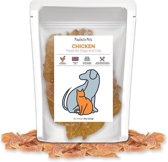 Pawfect Pets Single Ingredient Dehydrated Chicken Breast Treats for Dogs and Cats, 6oz Bag. USA Made