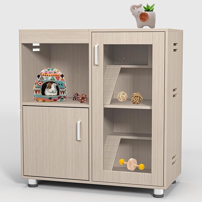 Hamster Cage Furniture with Storage Cabinet, House for Rat Chinchilla, 4-Tier Wood Habitat with Small Animal Cage for Rat, Hedgehog,Chinchilla with Openable Top (Wood)