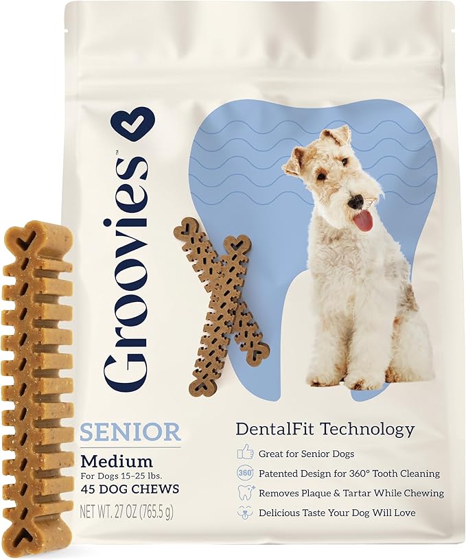 Groovies Senior Medium Dog Dental Chews for Dogs, Patented DentalFit Technology for Plaque & Tartar Support, Flexible Texture for Easy Chewing, Chicken Flavor, USA Manufactured,15–25 lb Dogs,45 Count