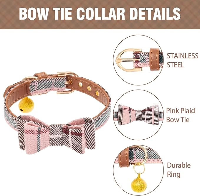 KOOLTAIL Pink Girl Dog Collar and Leash Set for Small Dogs with Bowtie and Bells - Cute Puppy Bandana Collar and Leash with Classic Plaid Pattern, Soft Leather Tangle Free Leashes for Small Dogs, S