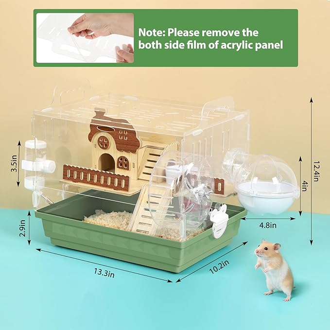 Acrylic Hamster Cage 2-Tier Dwarf Hamster Cage Small Hamster Habitats with Accessories Kit, Clear Hamster Enclosure for Gerbils Syrian Hamster, Green Pet Mice House, 13.3" L x 10.2" W x 12.4" H