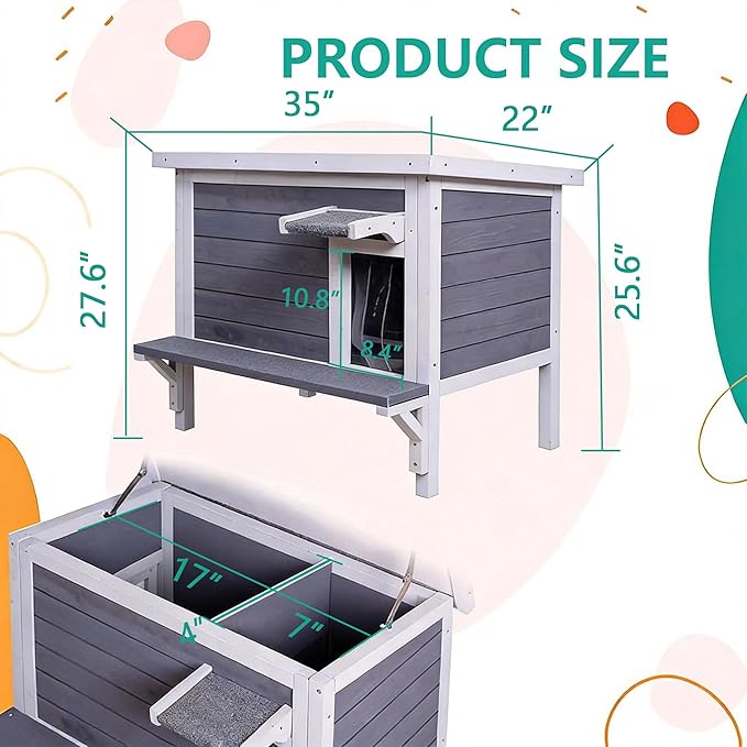GEGURI Insulated Cat House Outdoor Weatherproof, Large Wooden Feral Cat Shelter for Winter, Wooden Enclosure with Escape Door for Winter Indoor