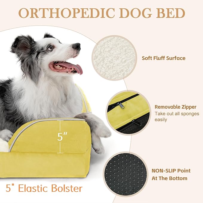 Comfort Expression Orthopedic Dog Bed for Extra Large Dogs 42x30 Inch, Waterproof Egg Crate Foam XL Pet Bed with Removable Bolsters, Dog Couch with Washable Cover & Non-Slip Bottom, Spicy Mustard