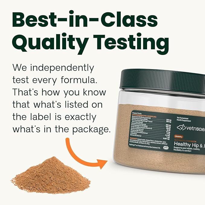 VetriScience Ultimate Strength Healthy Hip & Joint Powder, GlycoFlex Glucosamine, Chondroitin and Green Lipped Mussels Joint Supplement for Cats, Cheese & Chicken, 60 Scoops