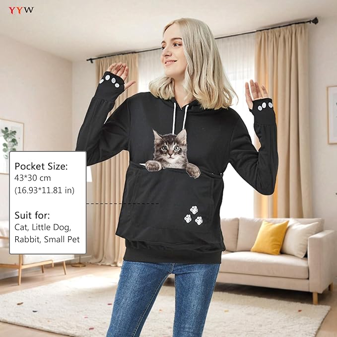 YYW Womens Pet Hoodies Pullover Sweatshirt Oversized Cat Hoodies Pet Holder Cat Dog Pouch Carriers (Black,Medium)