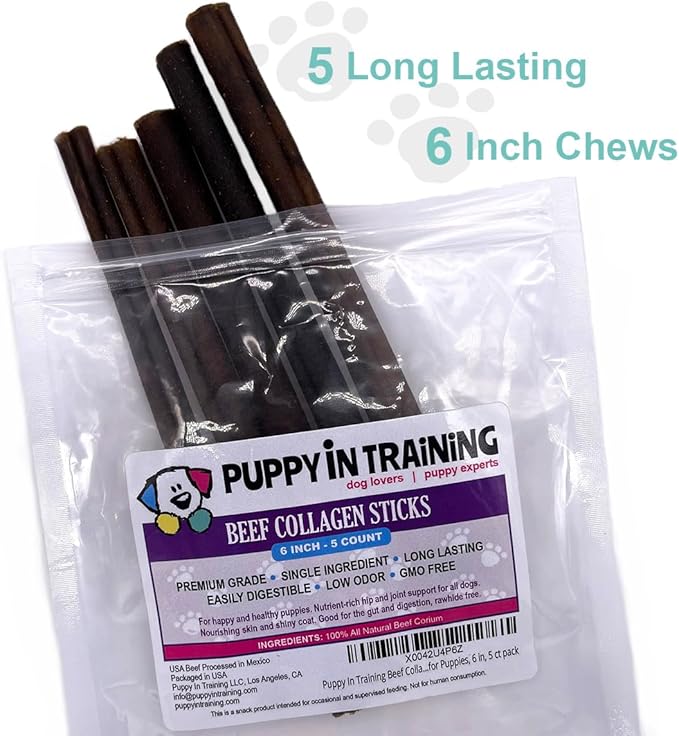 Puppy In Training Beef Collagen Sticks for Dogs, Bully Stick and Rawhide Alternative, All Natural, Teething Chew for Puppies, Low Odor, 6 in, 5 ct Pack