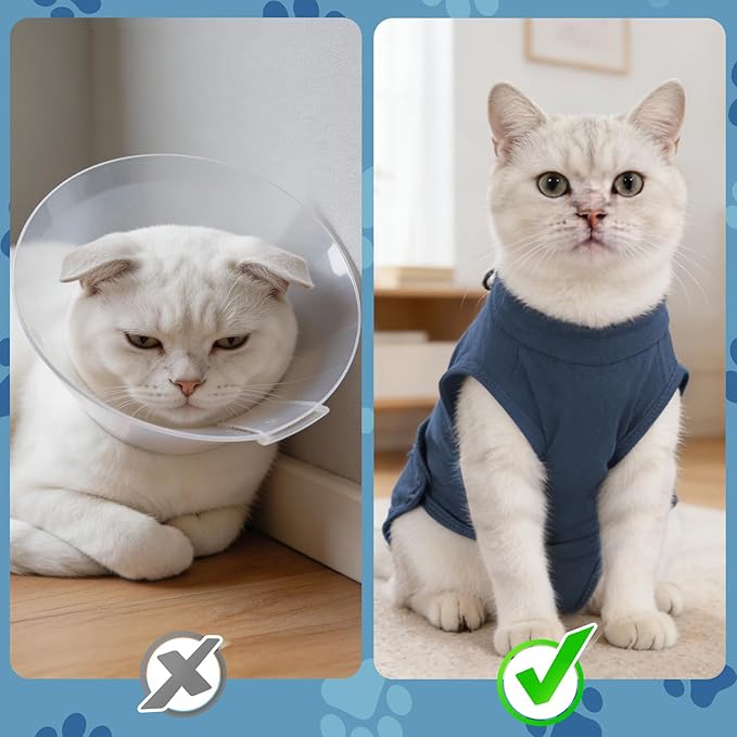Gyuzh Cat Surgery Recovery Suit for Male Cats - Breathable & Comfortable Cone Alternative. Easy-Pull Recovery Suit with Adjustable Neck & Snap Closure for Neutering, Anti-Licking Wound Care Blue L